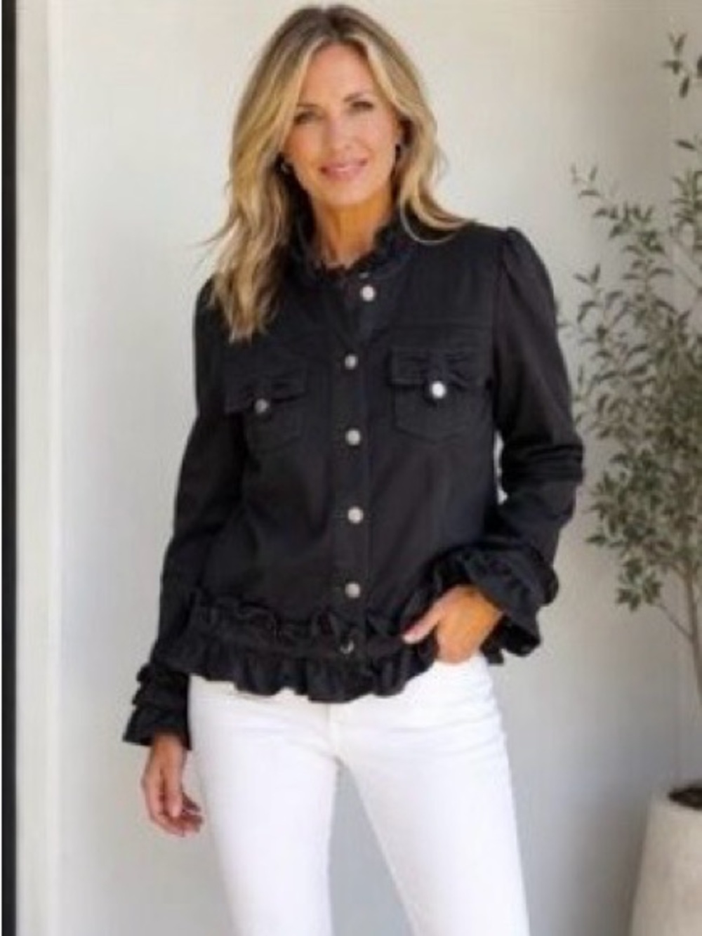 INC International Concepts Black Ruffle Button Jacket